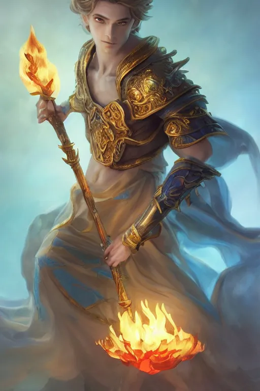 Image similar to legendary fairy prince hold flame staff, blue energy, highly detailed, d & d, fantasy, highly detailed, digital painting, trending on artstation, concept art, sharp focus, illustration, global illumination, ray tracing, realistic shaded, art by artgerm and greg rutkowski and fuji choko and viktoria gavrilenko and hoang lap