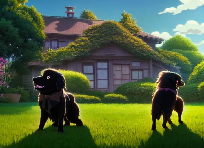 Image similar to a wholesome animation key shot of a black tibetan spaniel, suburban yard in the background, open window in the foreground, studio ghibli, pixar and disney animation, sharp, rendered in unreal engine 5, anime key art by greg rutkowski, bloom, dramatic lighting