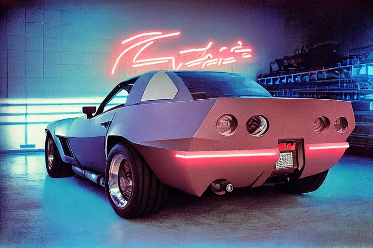 Prompt: stylized poster of mad max's pursuit special corvette, thick neon lights, ektachrome photograph, volumetric lighting, f 8 aperture, cinematic eastman 5 3 8 4 film