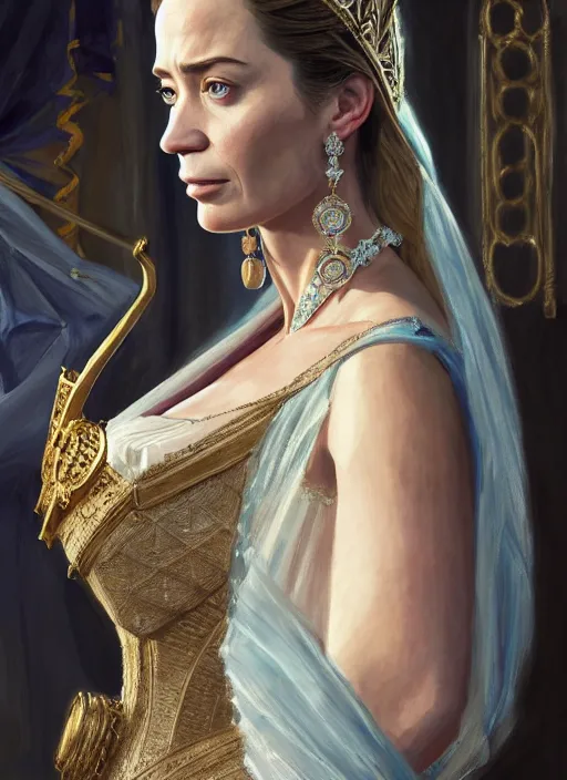 Image similar to portrait of emily blunt as arrogant queen, jewelry, greek, sapphire, victorian age, 1 8 9 0, intricate, headshot, key visual, conceptart, ambient lighting, highly detailed, digital painting, artstation, concept art, sharp focus, by makoto shinkai and akihiko yoshida and greg manchess