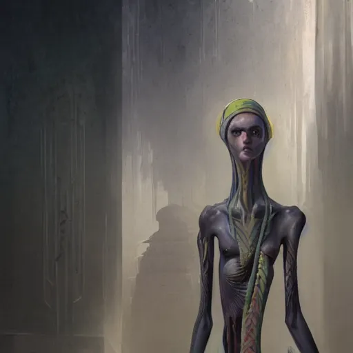 Prompt: portrait of tall, long-necked lipless mutant with scaled face and serpent eyes wearing gauze toga and standing in cyberpunk art deco mosque, alien facial study by Greg Rutkowski, and Yoshitaka Amano