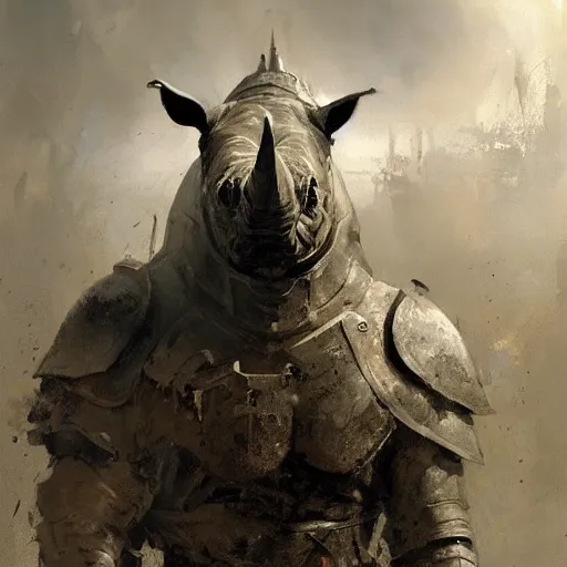 Image similar to portrait of a rhinoceros as a mighty warrior wearing silver armor, holding sword, by craig mullins, jeremy mann, jeremy mann.