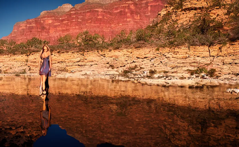 Prompt: Professional Photograph of a Model posing on a Catwalk inside the Grand Canyon. Sunset lighting, Shadows and Reflections