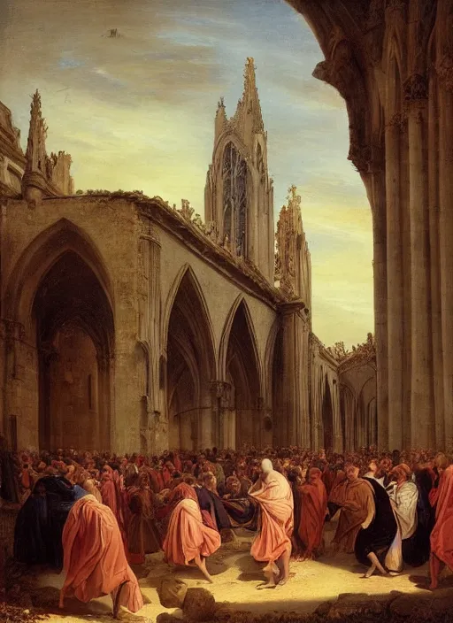 Prompt: lisabeth louise vigee - le brun large crowd of medieval monks gathered at giant gothic ruins cathedral and raising a magical glowing spirit, old master painting with stunning lighting and details photoreal dusk sun lit light