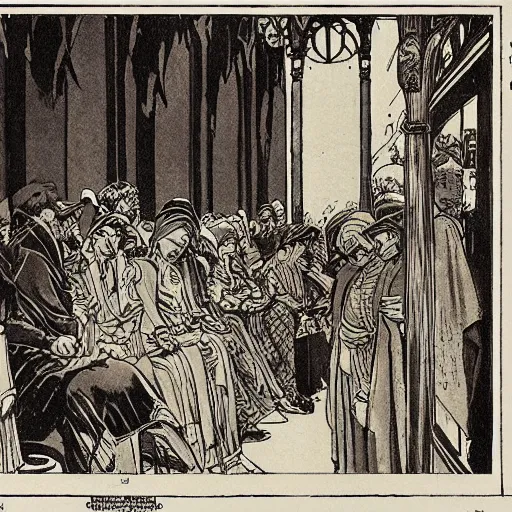 Prompt: artwork by Franklin Booth showing Babylon by bus