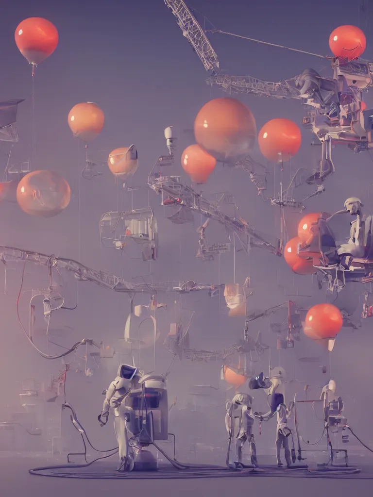 Prompt: graphic art of dystopian futuristic 1 0 mechanic surgeons astronauts, operate on a mickeymouse!!! head baloon float held by a crane. ominous glowing red netflix!!! sign in the background, trending on art station, beeple!!, clean concept art, smooth, octane render, minimal, brain exposed