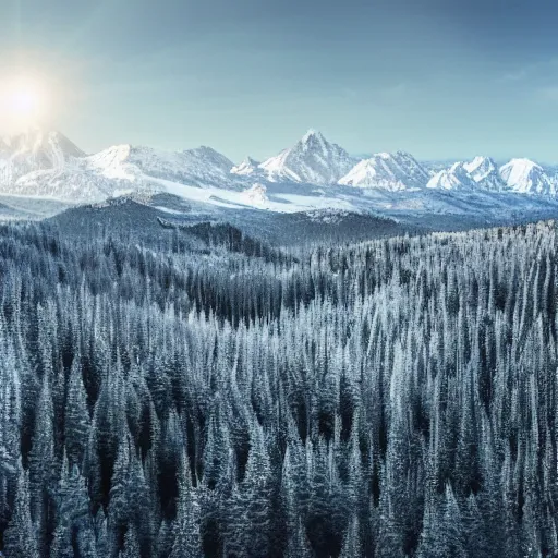 Image similar to an expansive view of forested valley with a sci fi clean glowing structure in the centre and snow - capped mountains in the distance, national geographic, hyper realistic, 4 k, dusty light