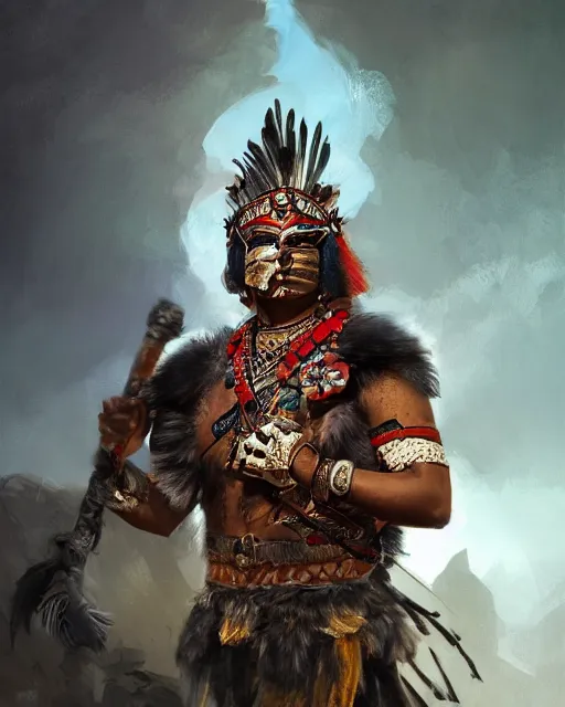 Image similar to Aztec warrior, handsome, portrait, intricate, elegant, feathers, volumetric lighting, scenery, digital painting, highly detailed, artstation, sharp focus, illustration, concept art, ruan jia, steve mccurry