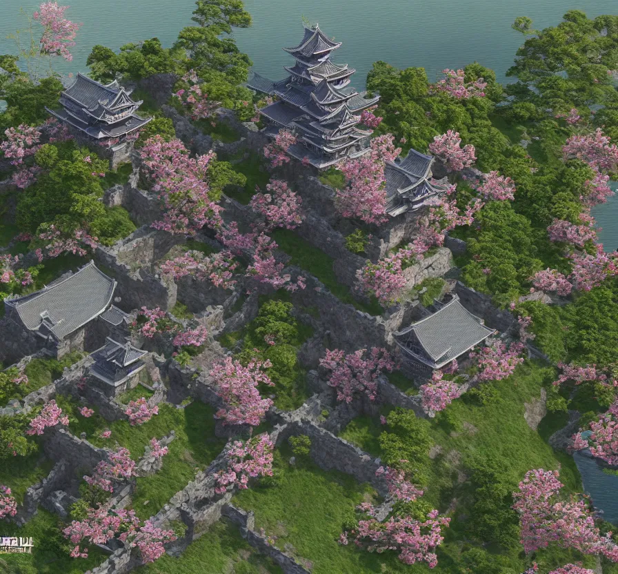 Image similar to realistic japan castle + sakura, pixel art, unreal engine 5, wallpaper, 8 k, ultra detailed, realistic photo, artstation