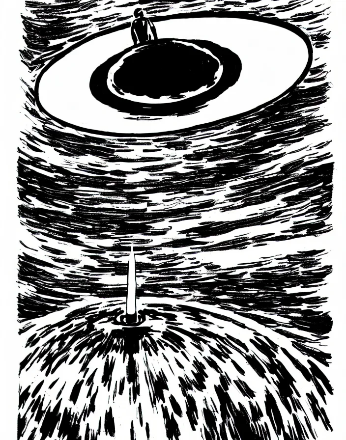 Prompt: flying saucer by raymond pettibon, black and white