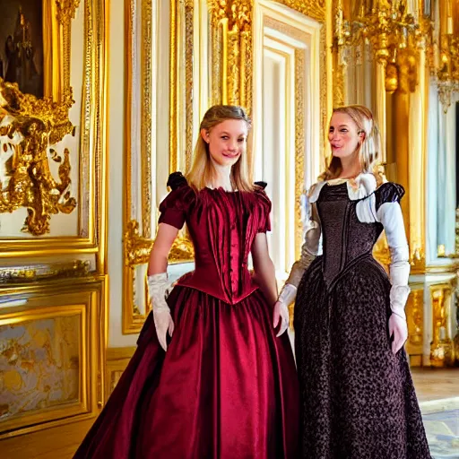 Image similar to two young attractive beautiful scandinavian women wearing an 1 8 th century dress in versailles, cinematic, 8 k hdr, detailed, hyperrealistic