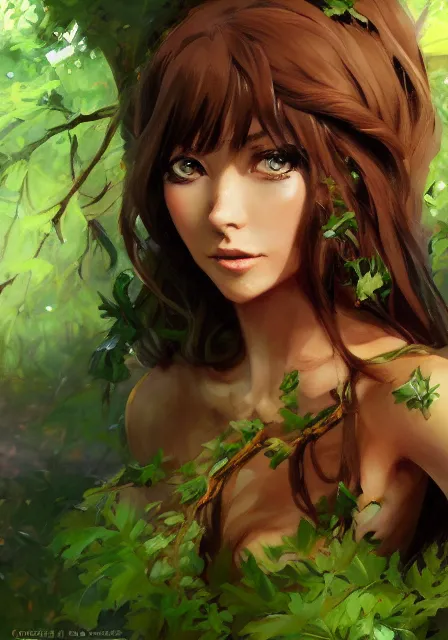 Prompt: greg manchess a realistic anime portrait of a beautiful dryad with glowing green eyes and tree bark skin wearing clothes made of leaves, anime, digital painting, by stanley artgerm lau, sakimichan, wlop and rossdraws, digtial painting, trending on artstation