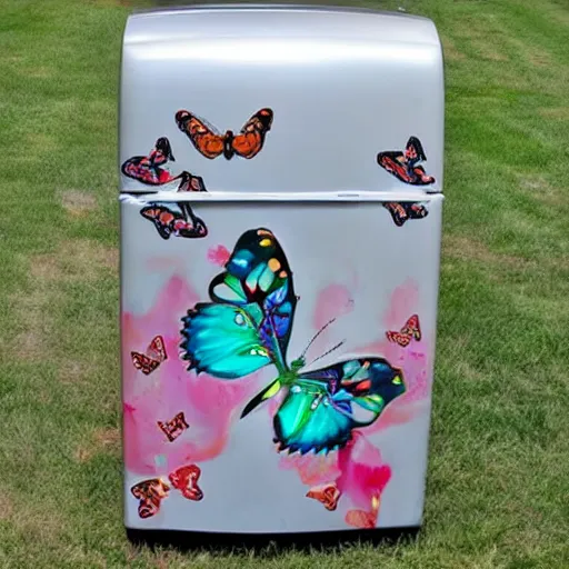 Prompt: refrigerator with giant butterfly wings attached to it