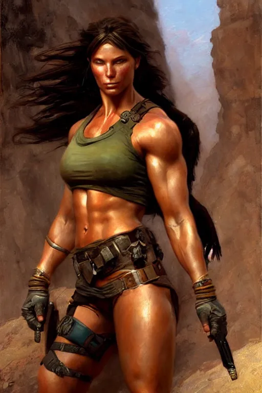 Image similar to muscular sweat lara croft, highly detailed painting by gaston bussiere, craig mullins, j. c. leyendecker 8 k