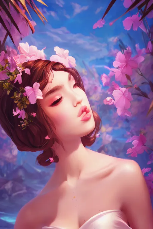 Image similar to a beautiful fashion goddness of love, chic strapless dress, tropical sea background, character design, in the style of artgerm, and wlop, cinematic lighting, hyperdetailed, 8 k realistic, symmetrical, global illumination, radiant light, frostbite 3 engine, cryengine, dof, trending on artstation, digital art