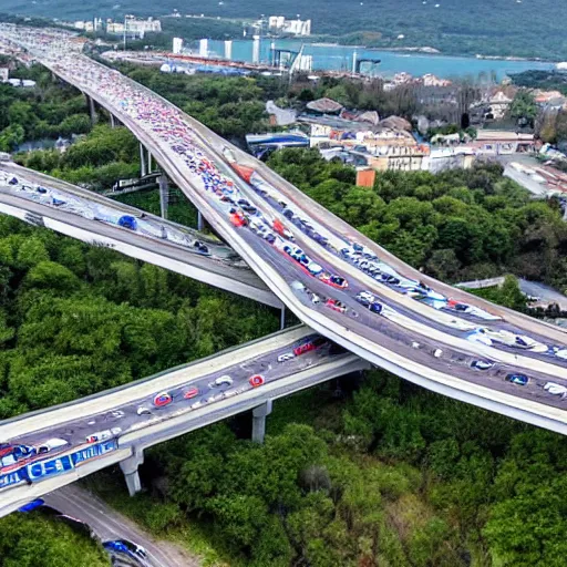 Prompt: drone image of bumper-to-bumper traffic on Tuzla Island Crimea Bridge