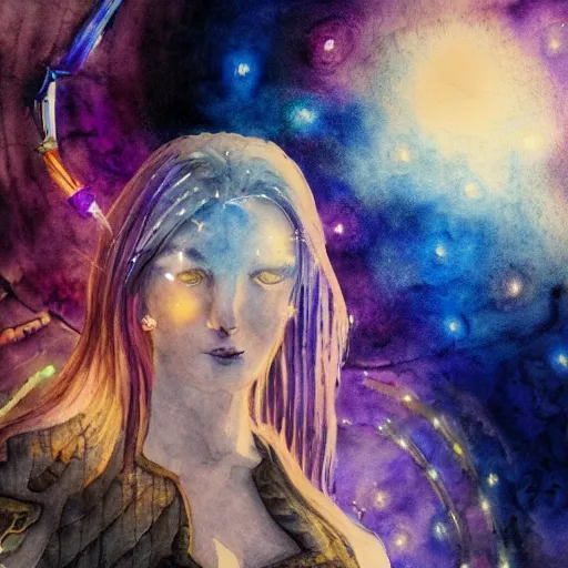 Image similar to Path of Exile, Maven, watercolour painting, female image with purple hair among colourful lights, dark blue spheres fly around, dark fantasy, steampunk, 4k,