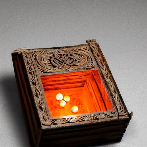 Prompt: a small arabesque carved wooden box with the lid is open displaying a magic orange glowing orb inside. tendrils of light emitting from the orb, the box is sitting an scarred wooden tabel top cluttered paper and magazines, hyper detail, dramatic lighting, vignette, god rays, lens flare, art by samma van klaarbergen