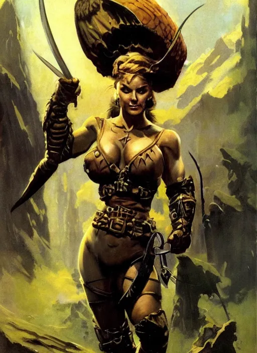 Image similar to portrait of strong female ranger, beautiful! coherent! dungeons and dragons character, by frank frazetta, by brom, strong line, deep color, leather armor, short buzzed hair, high contrast