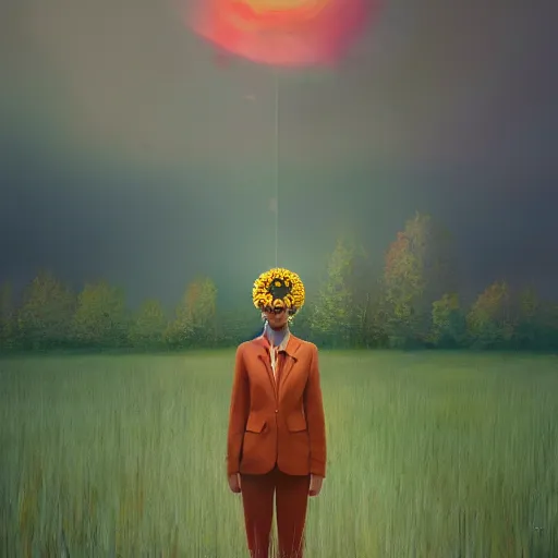 Image similar to large daisy flower head, frontal, a girl in a suit, surreal photography, sunrise, dramatic light, impressionist painting, digital painting, artstation, simon stalenhag
