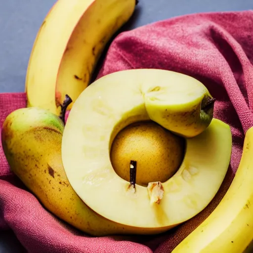 Prompt: close up image of a apple slice with banana in background #foodphoto