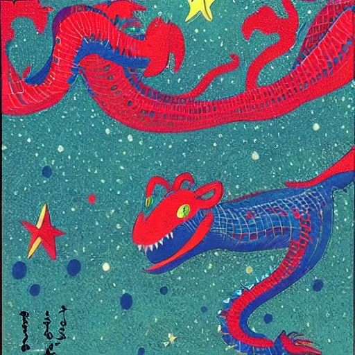 Image similar to anaglyph filter, underwater photography meticulous by tove jansson. a art installation of a dragon in space. the dragon is in the foreground with its mouth open rows of sharp teeth. coiled & ready to strike, its tail is wrapped around a star in the background. background is full of stars & galaxies.