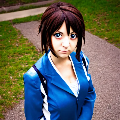 Image similar to professional portrait photograph, realistic photo of haruhi suzumiya from anime the melancholy of haruhi suzumiya.