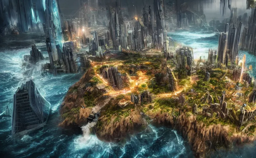 Prompt: a beautiful photo of a metropolis built on a island floating above the sea in the sky, waterfalls fall from the island into the sea, realistic, video game concept art, scifi, highly detailed, photography, ue 5, imax quality, cinematic, epic lighting, in the style of doom and quake and greg rutkowski