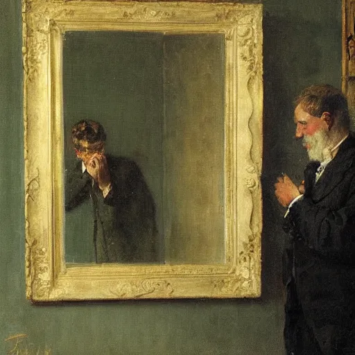 Prompt: gentleman watching in horror as an evil ghost exits a mirror by alfred stevens