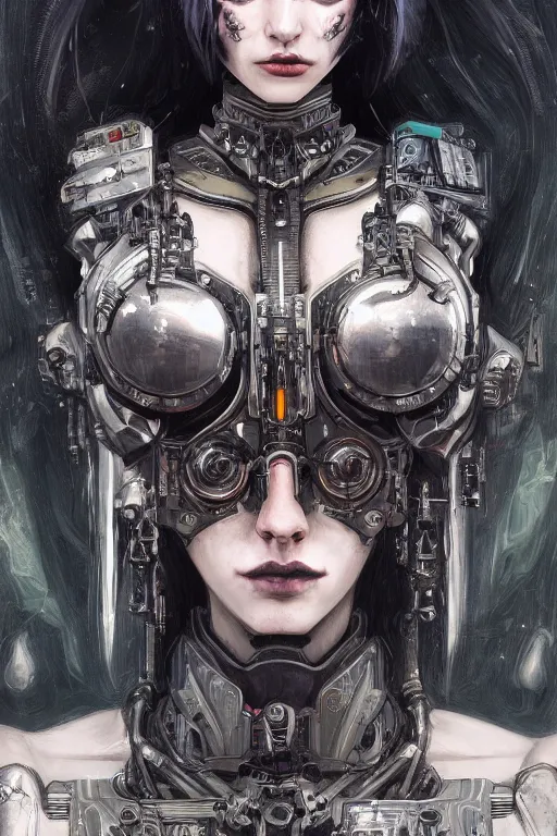 Image similar to portrait of beautiful young gothic cyborg maiden, cyberpunk, Warhammer, highly detailed, artstation, illustration, art by Gustav Klimt