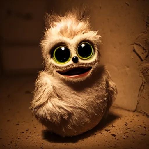 Prompt: a horrifying furby in the backrooms, dark hallways, flashlight, highly detailed, horror movie, photorealistic, 8k