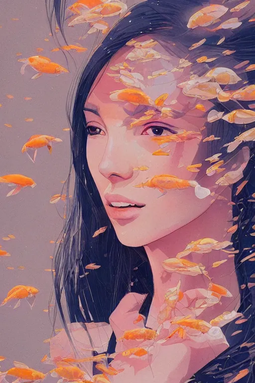 Image similar to a ultradetailed beautiful portrait panting of a stylish woman surrounded by floating koi fish, by conrad roset, greg rutkowski and makoto shinkai, trending on artstation