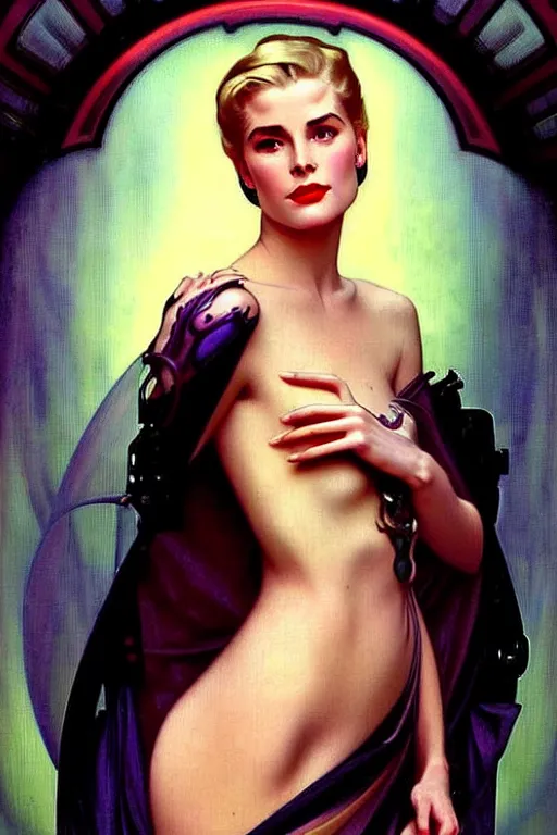 Prompt: young and beautiful evil cyborg grace kelly by steichen in the style of tom bagshaw, alphonse mucha, gaston bussiere, cyberpunk. anatomically correct elegant cybernetic body mods. extremely lush detail. masterpiece. melancholic scene infected by night. perfect composition and lighting. sharp focus. high contrast lush surrealistic photorealism. sultry evil plan.