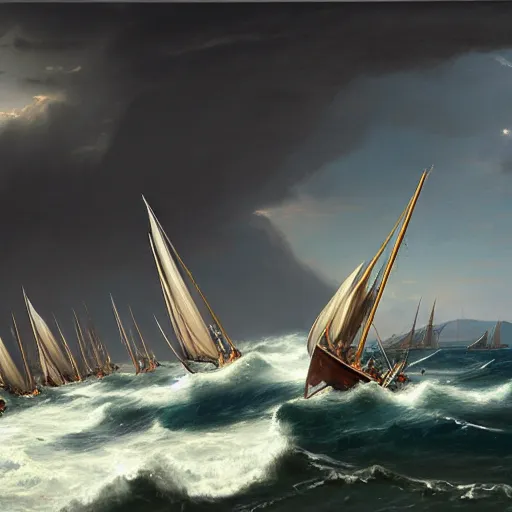 Prompt: a fleet of ancient trojan sailboats, amidst crashing waves and huge looming rocks, whirlpool, trireme, skiff, wooden sailboats, by greg rutkowski, grim, lightning flashes, sky swirling with black wind, dark sky, dramatic, realistic, detailed, ancient, artstation, artgerm, digital painting