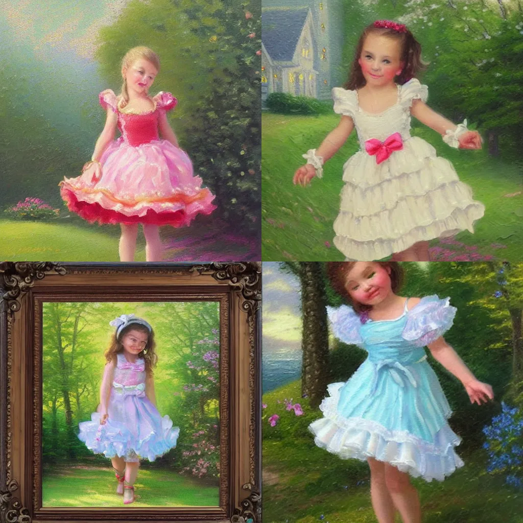 Prompt: cute little girl in a ruffled dress, oil painting in style of Thomas Kinkade