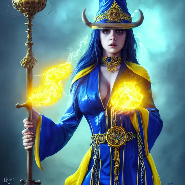 Image similar to beautiful elemental electric witch with ornate blue andyellow robes and staff, highly detailed, 4 k, hdr, smooth, sharp focus, high resolution, award - winning photo, artgerm, photorealistic