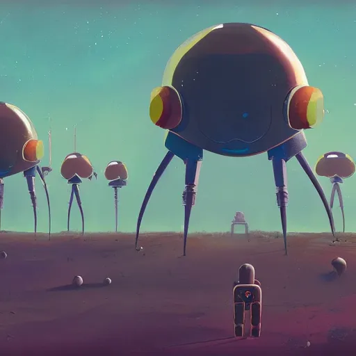 Prompt: An astronaut that has landed on a new planet and is trying to make sense of the alien world by Simon Stålenhag