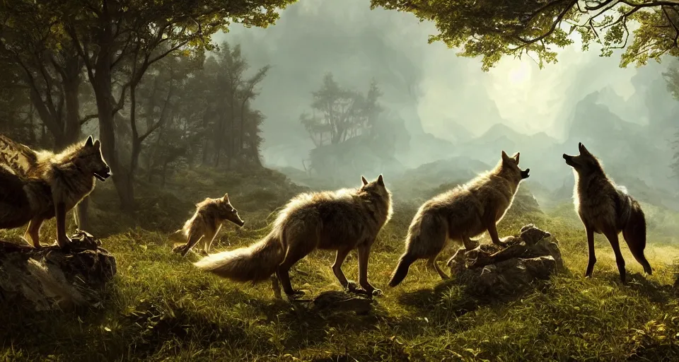 Prompt: wolves and their treasures. fantasy style, ultra realistic, octane render, unreal engine, raytracing, 8 k highly detailed, trending on artstation, illustration, digital painting, highly detailed render by by david caspar friedrich and george stubbs