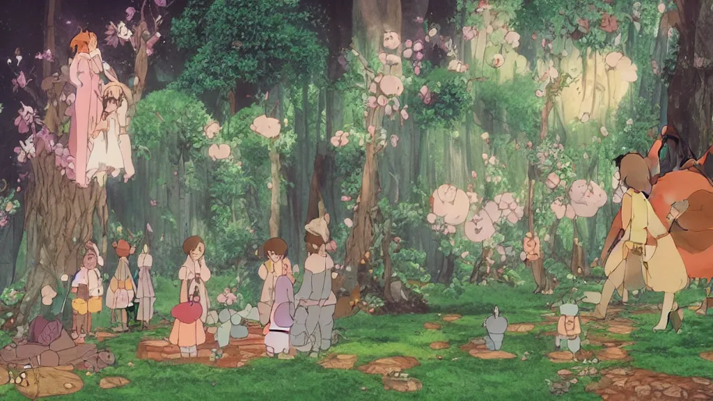 Prompt: a birthday party in a mystical magic forest, cinematic scene, studio ghibli