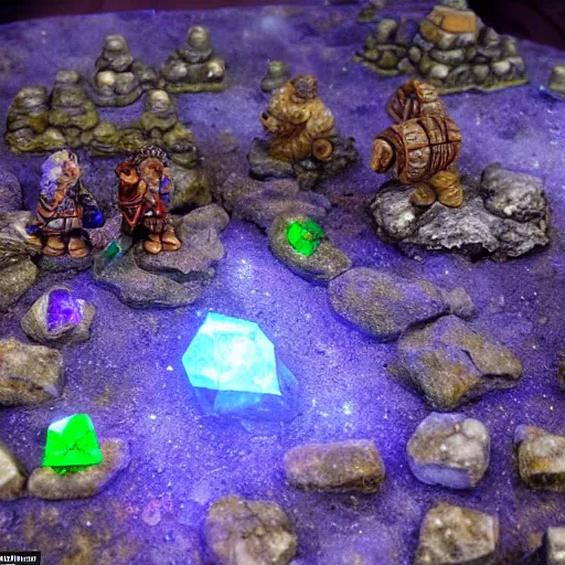 Image similar to dwarf pioneers have discovered an ancient path of the great empire of the ancient dwarves, illuminated by crystals and paved with gems