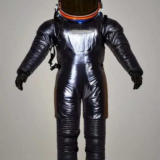 Image similar to A photo of 1980s VR spacesuit designed by US Army, scary athmosphere, dark, single vague light, Polaroid photo found in the attic