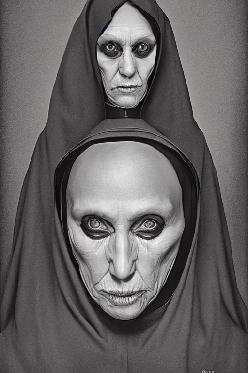 Prompt: portrait, digital painting, an evil nun, black habit, realistic, hyperdetailed, spooky, chiaroscuro, black background, concept art, art by jacek malczewski