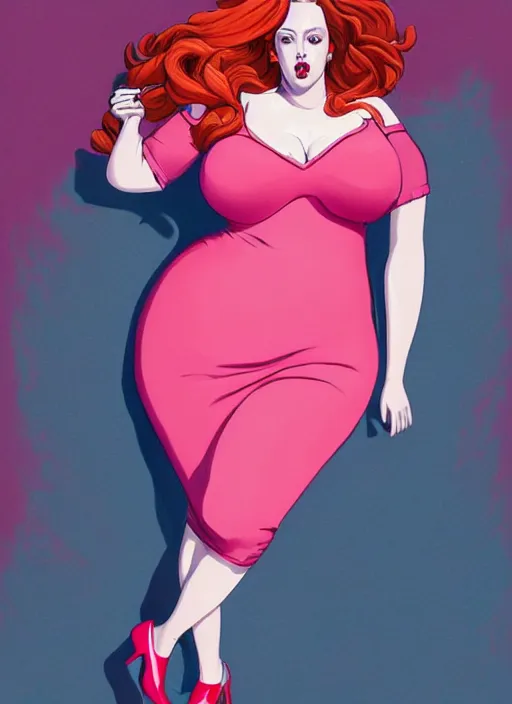 Image similar to full body portrait of teenage cheryl blossom, obese, bangs, green eyes, sultry, realistic, red hair, sultry smirk, wavy hair, pink skirt, obese, intricate, elegant, glowing lights, highly detailed, digital painting, artstation, concept art, smooth, sharp focus, illustration, art by wlop, mars ravelo and greg rutkowski