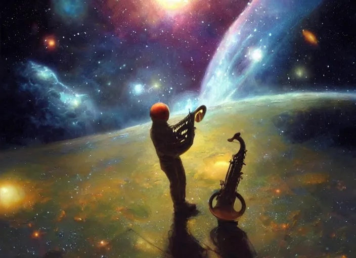 Image similar to craig mullins and ghibli digital illustration of an astronaut floating in the middle of the cosmos playing the saxophone!!! doing jazz!!! improvisation, full body!!!, strong contrast, earth, galaxies, ethereal, inviting, bright, unreal engine, hyper realism, realistic shading, cinematic composition, wide shot