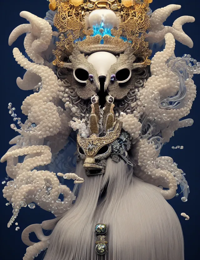 Image similar to 3 d goddess close - up profile portrait with crown, ram skull. beautiful intricately detailed japanese crow kitsune mask and clasical japanese kimono. betta fish, jellyfish phoenix, bio luminescent, plasma, ice, water, wind, creature, artwork by tooth wu and wlop and beeple and greg rutkowski