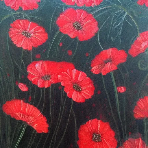 Prompt: oil painting of many various red flowers on a black background, painted by Sandro Botticelli, the flowers are floating and are seen from the side, dark atmosphere, realistic flowers oil painting