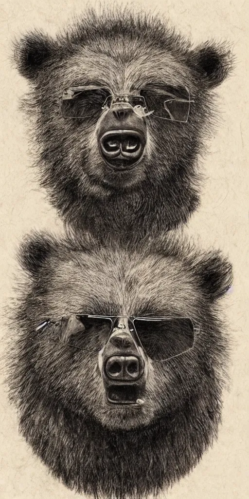 Image similar to a detailed portrait of a hairy humanoid creature with a bear like face wearing aviators