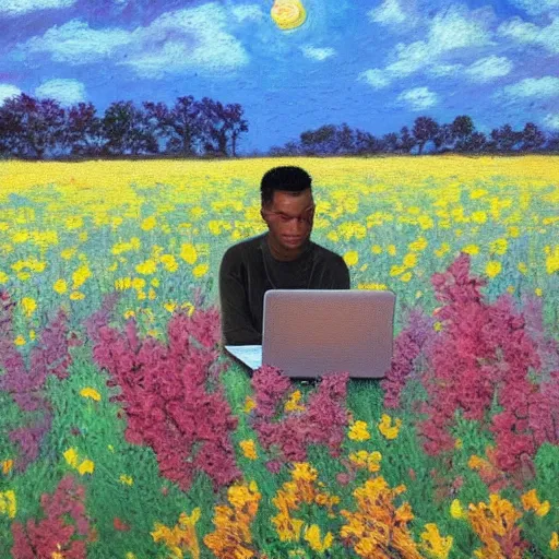 Image similar to a lightskin black man with short hair in a vast field of flowers, using a macbook laptop, wide shot, golden hour, vintage, impressionist painting, fine art, oil painting, dreamy, pastel, happy, intricate details, sharp, peaceful, serene