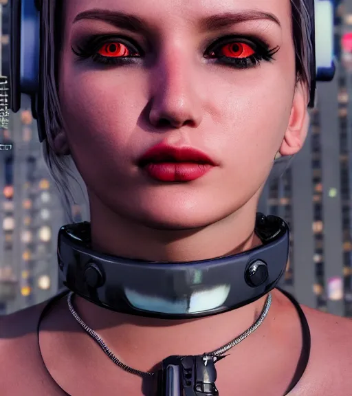 Image similar to detailed realistic female character cyberpunk wearing thick technological collar around neck, realistic, art, beautiful, 4K, collar, choker, collar around neck, punk, artstation, detailed, female, woman, choker, cyberpunk, neon, punk, collar, choker, collar around neck, thick collar, tight around neck, punk,