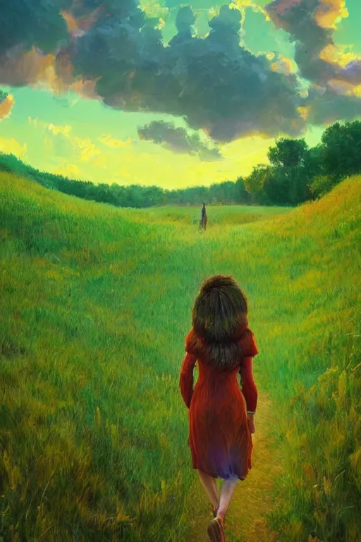 Image similar to giant corn flower head, girl walking in a green valley, surreal photography, sunrise, dramatic light, impressionist painting, colorful clouds, digital painting, artstation, simon stalenhag